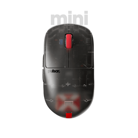 Clear Black Edition Pulsar X2H Mini Gaming Mouse with a translucent black design, narrow waist, higher hump, symmetrical shape, optical switch, and PAW3395 sensor.