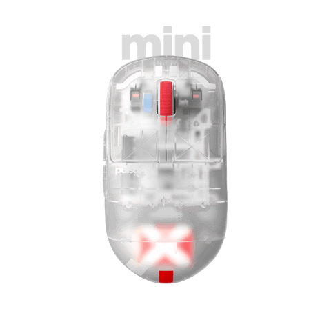 Super clear Edition Pulsar X2H Mini Gaming Mouse with a translucent black design, narrow waist, higher hump, symmetrical shape, optical switch, and PAW3395 sensor.