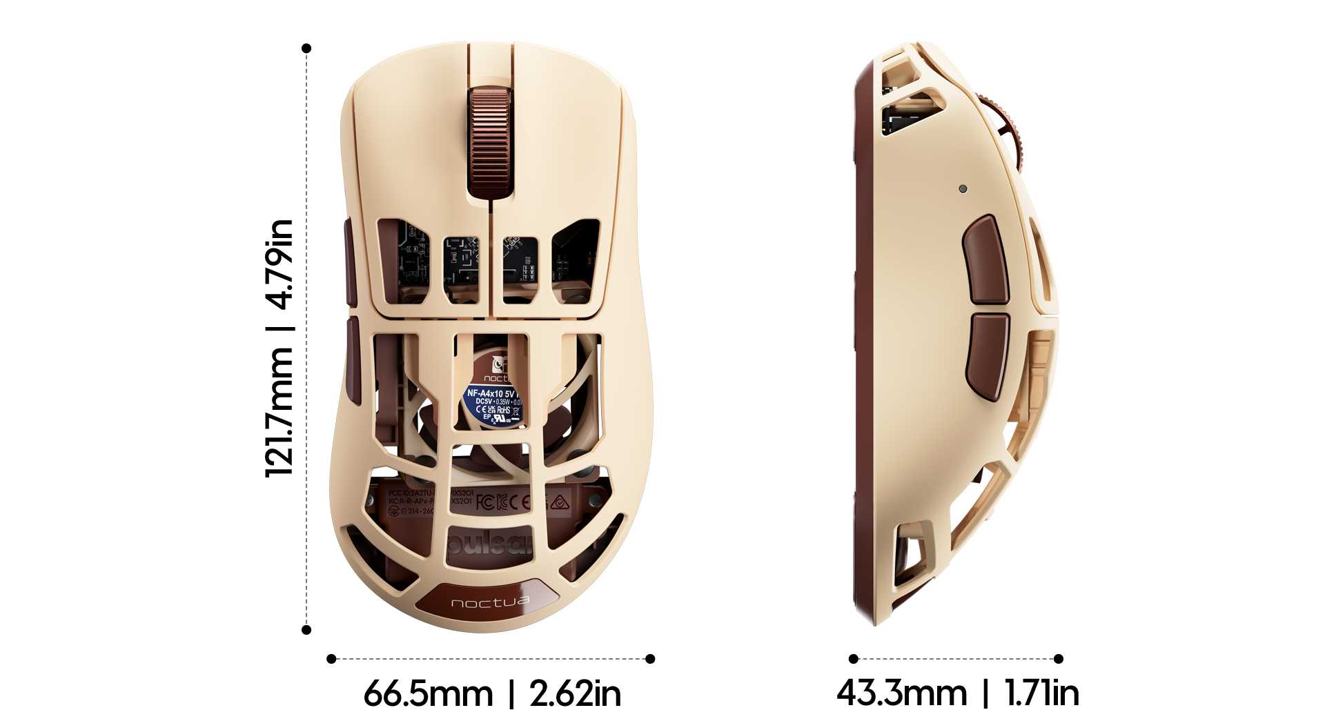 Vues dessus et profil de la Feinmann F01 Noctua Edition montrant le ventilateur intégré sous la grille