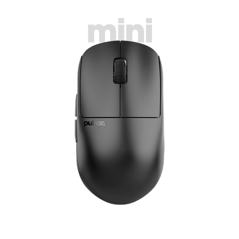Black Pulsar X2H mini Gaming Mouse with a translucent black design, narrow waist, higher hump, symmetrical shape, optical switch, and PAW3395 sensor.